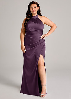 Azazie Jemma Jurken voor bruidsmeisjes Jurk van Stretch Satijn met Kolom Geplooid Pruim image10