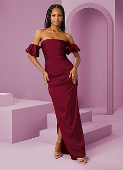 Barbie ♥ Azazie Vestidos de damas de honor Vestido de Borgoña de Satén Elástico de Corte Recto Convertible con Vestidos sin tirantes image1