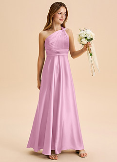 Azazie Charlize Junior Candy Pink A-Line Pleated Stretch Satin Dress image3