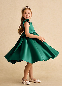 Azazie Dumpling Flower Girl Dresses Emerald A-Line Bow Matte Satin Dress image5