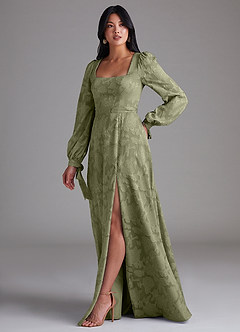 Azazie Leonia Vestidos de damas de honor Vestido de Pistacho de Devorado Floral de Corte en A con Manga larga image2