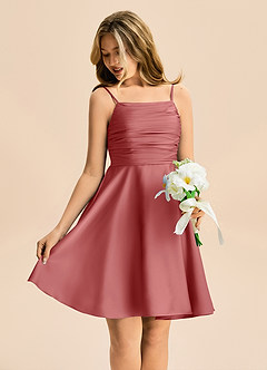 Azazie Miko Junior Abito A-Line in Raso Elasticizzato Plissettato Rosa Antica image4