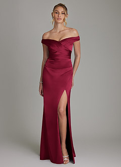 Azazie Teyana Bridesmaid Dresses Burgundy Sheath Off the Shoulder Stretch Satin Dress image4