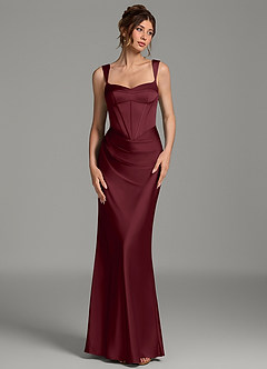 Azazie Mela At-home Try On Dresses Dusty Rose Sheath Corset Stretch Satin Dress image1