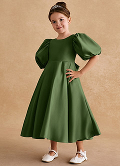 Azazie Sugarplum Robe Demoiselle D'honneur Fillette Robe Trapèze en Mat Satiné avec manches Olive image4