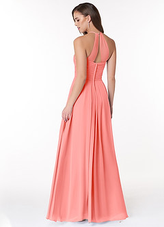 Azazie Ginger Bridesmaid Dresses Coral A-Line Halter Pleated Chiffon Dress image4