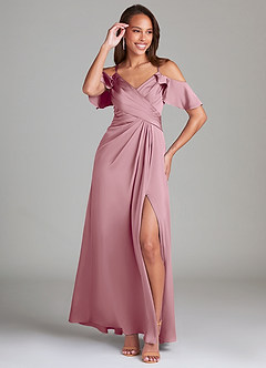 Azazie Dakota Bridesmaid Dresses Vintage Mauve A-Line Off the Shoulder Stretch Satin Dress image4