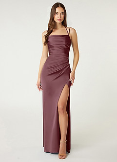 Azazie Desi Bridesmaid Dresses Sangria Sheath Halter Corset Stretch Satin Dress image1