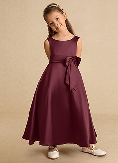 Azazie Lindy vestidos de niña de las flores Vestido de Cabernet de Satin Mate de Acampanado con Plisado image9