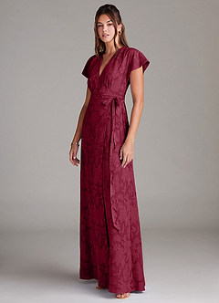 Azazie Ling Bridesmaid Dresses Burgundy A-Line Pleated Floral Burnout Dress image5