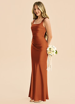 Azazie Agustina Junior Cinnamon Sheath Pleated Stretch Satin Dress image5