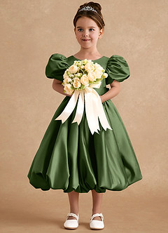 Azazie Jellybean Sukienki dla dziewczynek sypiących kwiaty Suknia balowa Marszczony Matowy satynowy Długość herbaty Sukienka image3