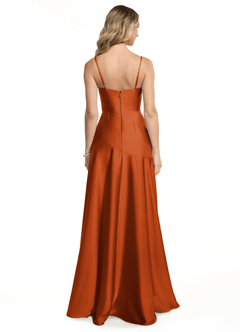 Azazie Kayla Bridesmaid Dresses Burnt Orange Sheath Side Slit Stretch Satin Dress image2