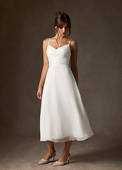 Azazie Kali Wedding Dresses Diamond White A-Line V-Neck Pleated Crinkle Chiffon Dress image3