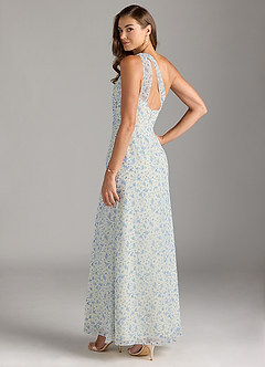 Azazie Maive Bridesmaid Dresses Blue And White Ditsy Floral Sheath Pleated Ruffle Chiffon Dress image5