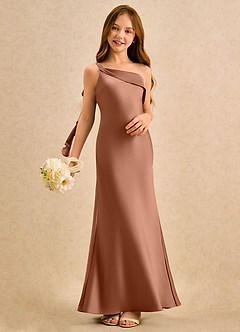 Azazie Almond Girls Formal Sukienki dla dziewczynek sypiących kwiaty Osłona Jedno ramię Satyna elastyczna Długość podłogi Sukienka image2