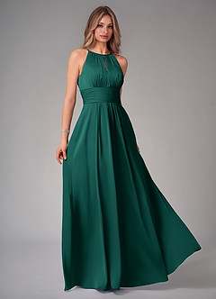 Azazie Bonnie Bridesmaid Dresses Emerald A-Line Pleated Stretch Satin Dress image1