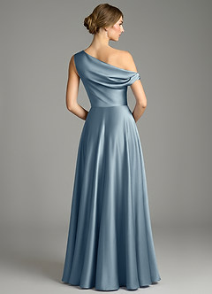 Azazie Xanthe Bridesmaid Dresses Dusty Blue A-Line Off the Shoulder Stretch Satin Dress image2