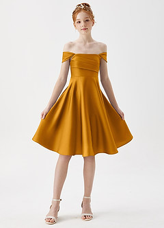 Azazie Amira Junior Butterscotch A-Line Pleated Stretch Satin Dress image5