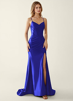 Indigo Royal Blue Satin V-neck Sequins Mermaid Prom Dress image4