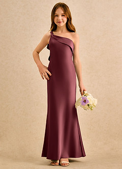 Azazie Almond Girls Formal Robe Demoiselle D'honneur Fillette Robe Fourreau en Satin extensible Une épaule Merlot image4