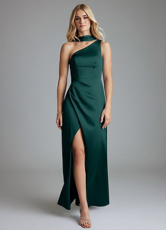 Azazie Adhara Abiti da Damigella Abito Tubino in Raso Elasticizzato Monospalla Pino image5