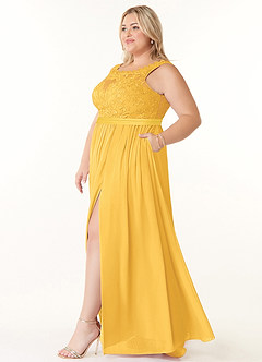 Azazie Elly Bridesmaid Dresses Marigold A-Line Lace Scoop Neck Chiffon Dress image9
