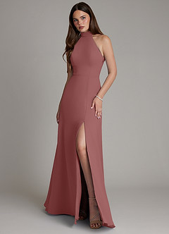 Azazie Myra 신부 들러리 드레스 에이라인 하이넥 쉬폰 바닥 길이 드레스 image1