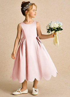 Azazie Macaroon Flower Girl Dresses Blushing Pink Ball-Gown Bow Matte Satin Dress image2