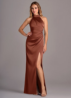 Azazie Jemma Bridesmaid Dresses Clay Sheath Pleated Stretch Satin Dress image4