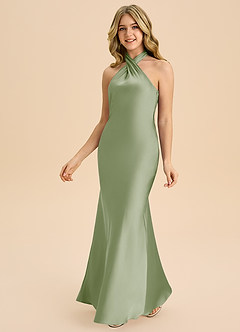 Azazie Chickie Junior Vestido de Salvia Polvorienta de Satén Elástico de Corte Recto con Plisado image5