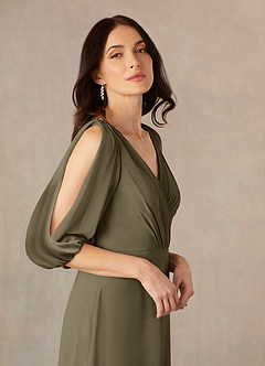 Azazie Bronwyn vestidos de madre de la novia Vestido de Verde Sauce de Gasa de Corte En A con Cuello de pico fruncido image3