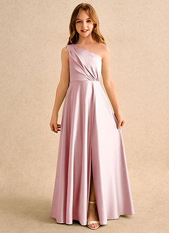 Azazie Puddles Girls Formal Robe Demoiselle D'honneur Fillette Robe Trapèze en Mat Satiné Une épaule Rose Poudré image4