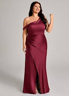 Azazie Madelyn Bridesmaid Dresses Burgundy Mermaid One Shoulder Stretch Satin Convertible Dress image13