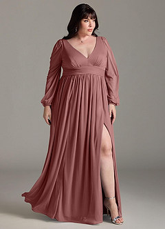 Azazie Norah Robes de demoiselle d'honneur Robe Trapèze en Mousseline de soie Col en V, manches longues Rose Du Désert image9