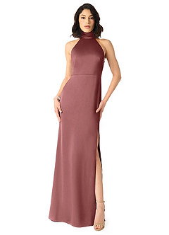 Azazie x Delaney Vestidos de damas de honor Vestido de Amatista de Satén Elástico de Corte Recto con Cuello Alto image1