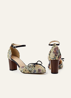 front Floral Tapestry Ankle Strap Block Heels