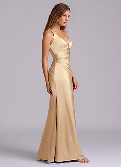 Azazie Amelie Bridesmaid Dresses Champagne A-Line Pleated Stretch Satin Dress image3