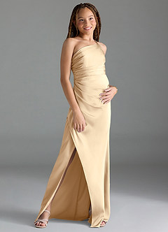 Azazie Eren Junior Champagne Sheath Pleated Stretch Satin Dress image3