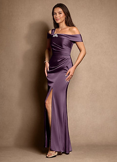 Azazie Altonia Mother of the Bride Dresses Plum Mermaid Off the Shoulder Stretch Satin Dress image5