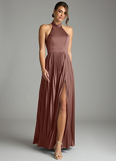 Azazie Zienna 신부 들러리 드레스 A라인 주름진 스트레치 새틴 바닥 길이 드레스 image4