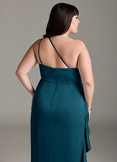 Azazie Latrice Bridesmaid Dresses Ink Blue Sheath One Shoulder Cascading Ruffles Stretch Satin Dress image12