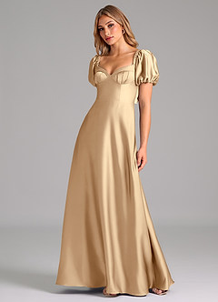 Azazie Fatima Bridesmaid Dresses Champagne A-Line Pleated Stretch Satin Dress image4