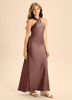 Azazie Doretta Junior Espresso A-Line Pleated Stretch Satin Dress image6