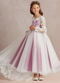 Azazie Elodie Flower Girl Dresses Ivory Mulberry Ball-Gown Lace Dress image5