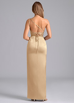 Azazie Naria Robes de demoiselle d'honneur Robe Fourreau en Satin extensible Ue épaule Champagne image6