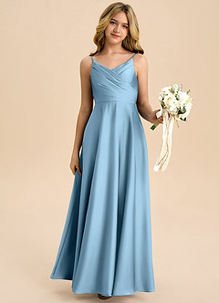 Azazie Bug Junior A라인 주름진 스트레치 새틴 플로어 길이 주니어 신부 들러리 드레스 image6