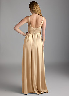 Azazie Chanel Bridesmaid Dresses Champagne A-Line Pleated Stretch Satin Dress image2