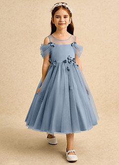 Azazie Juni Flower Girl Dresses Dusty Blue Ball-Gown Pleated Tulle Dress image7
