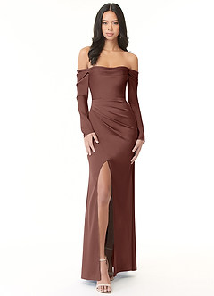 Azazie Hallie Bridesmaid Dresses Espresso Sheath Off-The-Shoulder Long Sleeve Stretch Satin Convertible Dress image3